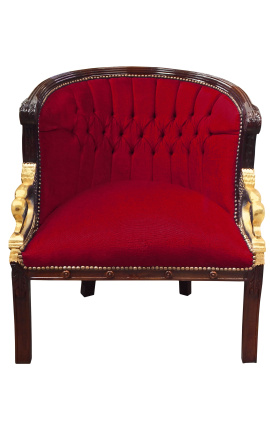 Large bergère Empire style velvet burgundy and mahogany wood