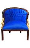 Large bergère Empire style velvet blue and mahogany wood