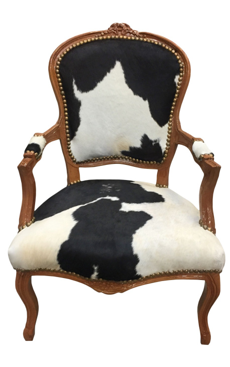 Armchair Louis Xv With Real Black And White Cowhide And Raw Wood