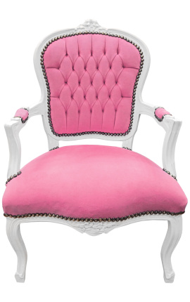 Sillón barroco de tela de terciopelo rosa de estilo Louis XV y madera blanca