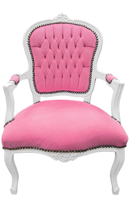 Fauteuil baroque de style Louis XV velours rose et bois blanc