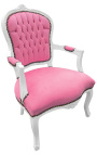 Fauteuil baroque de style Louis XV velours rose et bois blanc