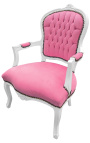 Fauteuil baroque de style Louis XV velours rose et bois blanc