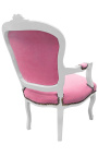 Fauteuil baroque de style Louis XV velours rose et bois blanc