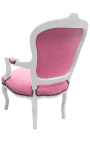 Fauteuil baroque de style Louis XV velours rose et bois blanc