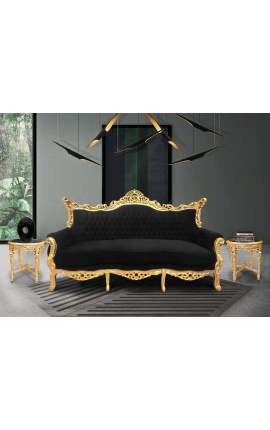 Barock Rococo 3-sits svart sammet och guldträ