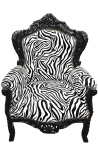 Grand fauteuil de style baroque tissu zèbre et bois laqué noir