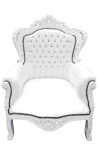 Grand fauteuil de style Baroque simili cuir blanc et bois blanc