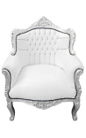 Armchair "prins" Barock stil lädervit och silver trä