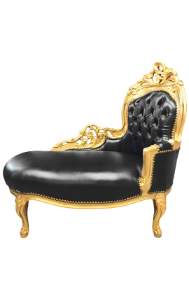 Baroková chaise longue čierna kožená s zlatým drevom