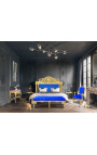 Baroque bed headboard dark blue velvet fabric and gold wood