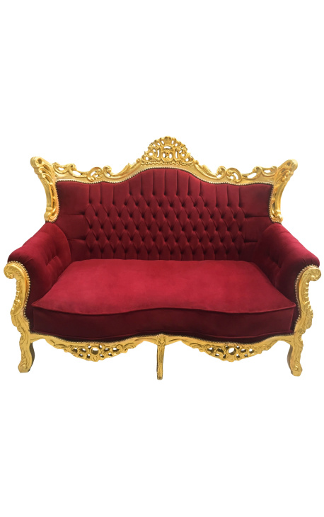 Barokový rokoko dvojmiestny gauč burgundský samet a zlaté drevo