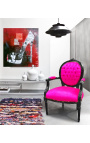 Baroque armchair Louis XVI style medallion rose fushia fabric and black lacquered wood 