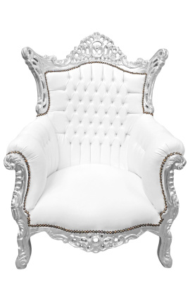 Grand Rococo Sillón barroco de cuero blanco y madera de plata