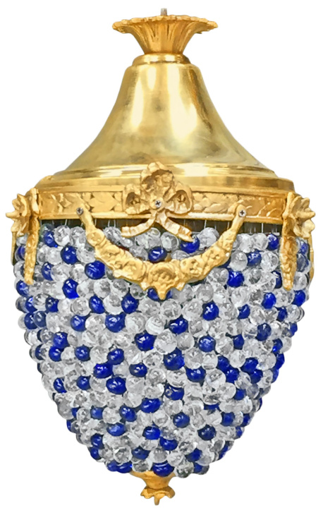 Candelabru cu bile albastre si sticla transparenta suflata cu bronz auriu