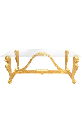 Large Baroque dining table carved gilded wood and glass top