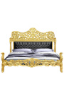 Baroková posteľ koženková čierna s kamienkami a zlatým drevom
