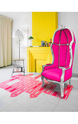 Cadeira grande estilo barroco tecido de veludo fúcsia e madeira prateada