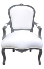 Barok fauteuil Louis XV witte stof en antracietgrijs hout