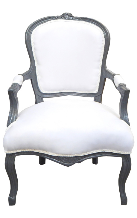 Barok fauteuil Louis XV witte stof en antracietgrijs hout