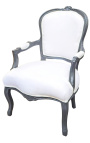 Barok fauteuil Louis XV witte stof en antracietgrijs hout