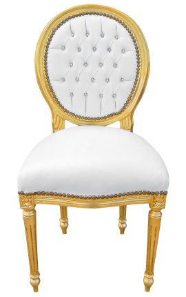 Sedia in stile Luigi XVI in similpelle bianca con strass e legno dorato