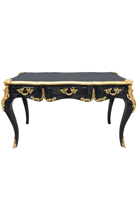 Large Desk Baroque Louis Xv Style With 3 Drawers Black Gold Bronze Black Underhand Top