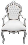 Fauteuil de style Baroque Rococo tissu simili cuir blanc et bois argent