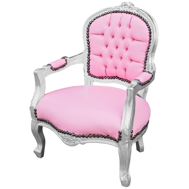 Fauteuil Baroque Enfant Simili Cuir Rose Et Bois Argent