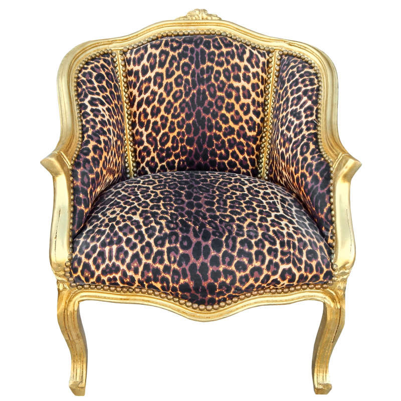 Bergere armchair Louis XV style with leopard fabric and glossy