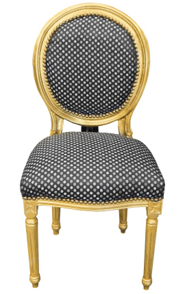 Sedia in stile Luigi XVI con nappa in tessuto satinato nero e legno dorato