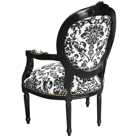 Baroque armchair Louis XV style with black floral fabric, black wood