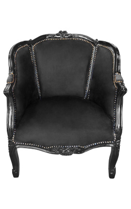 Gran bergère sillón Louis XV estilo terciopelo negro y madera negra