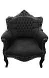 Armchair "princely" Baroque style black velvet and lacquered wood 