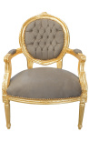 Sillón barroco Luís XVI de estilo medallón taupe tela y madera de oro.