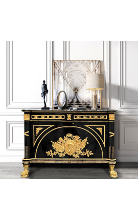 Großes Französisch Empire Style Dresser glänzend schwarz mit schwarzem Marmor