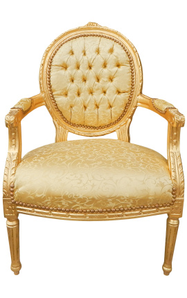 Baroque armchair Louis XVI style gold satine fabric and golden wood