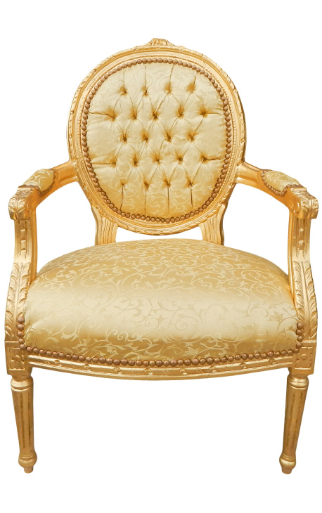 Barock-Sessel im Louis XVI-Stil, goldfarbener Satinstoff und vergoldetes Holz