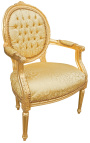 Fauteuil Louis XVI de style baroque tissu satiné doré et bois doré