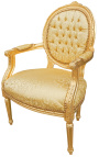 Fauteuil Louis XVI de style baroque tissu satiné doré et bois doré