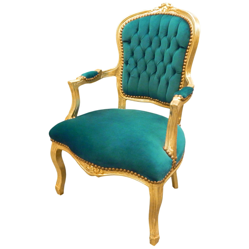 Antique French Louis XV Victorian Style Fauteuil Green Velvet