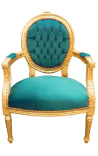 Fauteuil Louis XVI de style baroque velours vert et bois doré