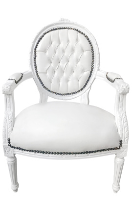 Baroque armchair Louis XVI style white leatherette and glossy white wood