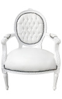 Baroque armchair Louis XVI style medallion in false white leather skin and white lacquered wood 