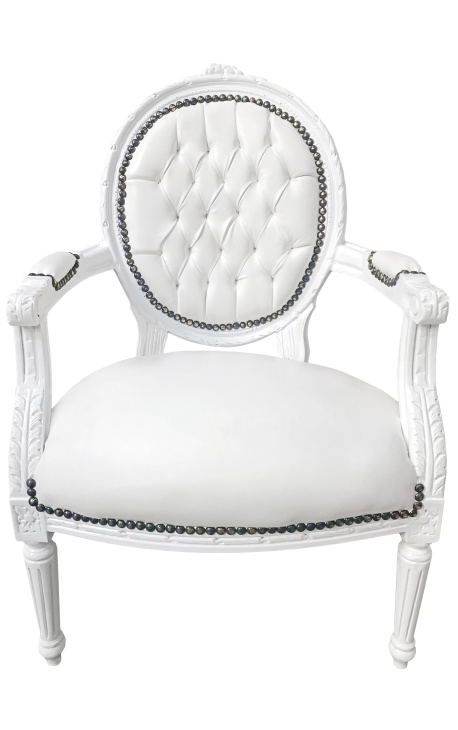 Fauteuil baroque de style Louis XVI simili cuir blanc et bois blanc