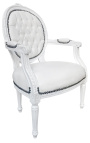 Baroque armchair Louis XVI style medallion in false white leather skin and white lacquered wood 