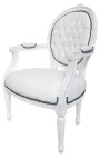 Baroque armchair Louis XVI style medallion in false white leather skin and white lacquered wood 