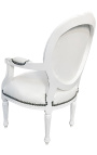 Baroque armchair Louis XVI style medallion in false white leather skin and white lacquered wood 