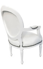 Baroque armchair Louis XVI style medallion in false white leather skin and white lacquered wood 