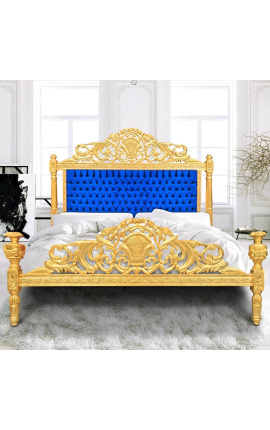 Cama barroca tela de terciopelo azul oscuro y madera de oro